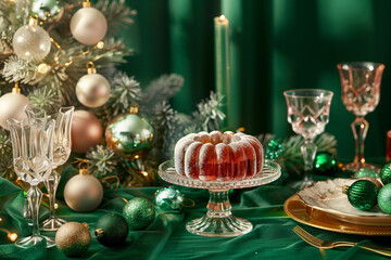 Vintage green Christmas tablescape with retro 50s style centerpiece bundt cake elegant glassware festive holiday decor luxurious dinner party dessert table ornament settings seasonal celebration displ