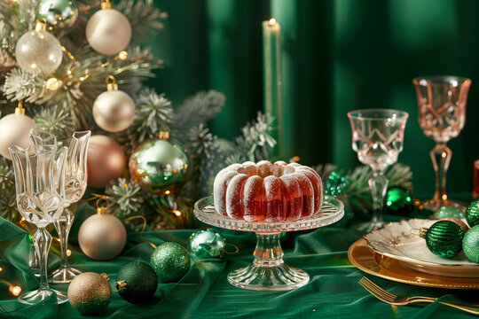 Vintage green Christmas tablescape with retro 50s style centerpiece bundt cake elegant glassware festive holiday decor luxurious dinner party dessert table ornament settings seasonal celebration displ
