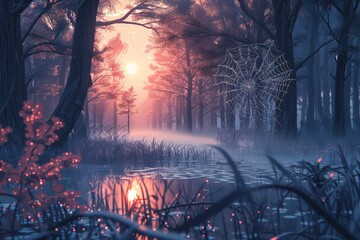 Tranquil Sunrise in Misty Forest with Sparkling Dew and Wildflowers