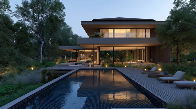 a realistic wide angle view from modern taupe plaster colored villa with black plint, thatched light grey roof, surrounded by a beautiful modern romantic garden with a lot of accent lights,