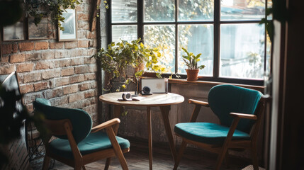 A table and two chairs set up for recording a podcast, creating a cozy and inviting atmosphere.