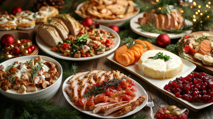 A selection of dishes arranged on the table, ready for family and friends’ gatherings on New Year's Eve. Various food preparation ideas for festive parties during the holiday season.