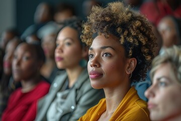 A group of people are sitting in a room, one woman is wearing a yellow shirt. Scene is one of unity and togetherness, as the people are all gathered in the same space