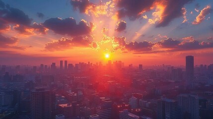 Fototapeta premium City Sunset: A stunning sunset view over a city skyline, with the buildings bathed in golden light and the sky painted in hues of orange and pink.