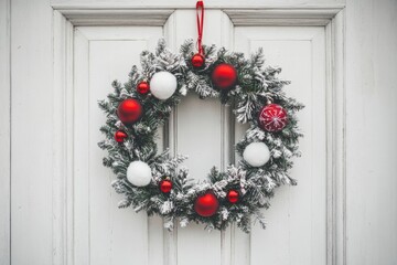 aesthetic photo of Christmas wreath hangs on a white door at the entrance to the house 