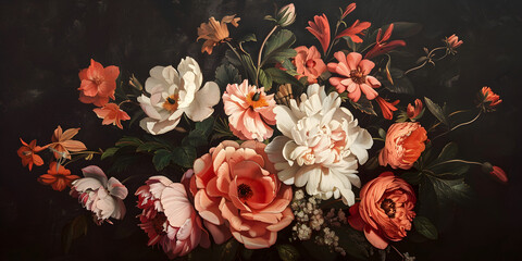 Painting of a bunch of flowers on a black background generative ai
