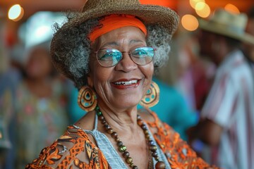 A woman wearing a straw hat and glasses is smiling