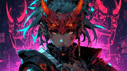 Cyberpunk Anime Fusion: Japanese Demon Masks Meet Futuristic Design in a Striking Visual Masterpiece
