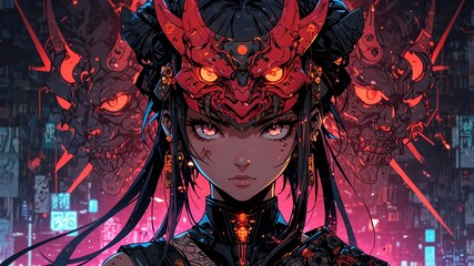 Obraz premium Cyberpunk Anime Fusion: Japanese Demon Masks Meet Futuristic Design in a Striking Visual Masterpiece