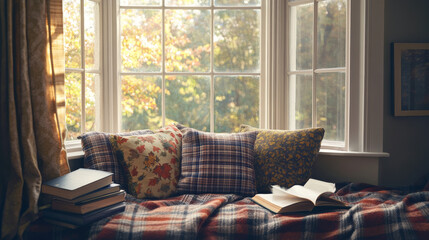 Fototapeta premium A warm and inviting reading nook with plush pillows and a plaid blanket by a large window, capturing the essence of autumn with soft natural light and a stack of books. 