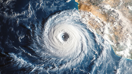 Fototapeta premium A high-resolution satellite image capturing a massive hurricane swirling over the ocean, showing the eye of the storm and surrounding cloud formations. 