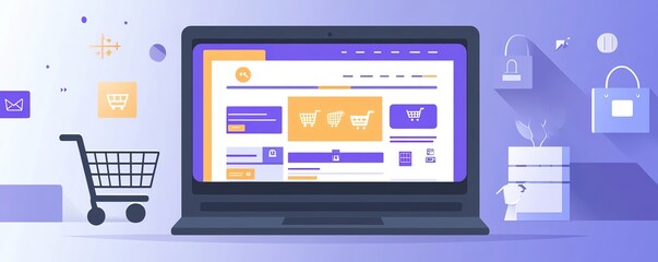 A flat art illustration of a laptop screen displaying an eCommerce website with product listings and a shopping cart icon high detailed