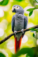 Obraz premium Graupapagei auf Ast im Grünen
