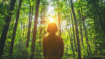 Person meditating in a sunlit forest, symbolizing the tranquility and healing aspects of forest bathing and ecotherapy.