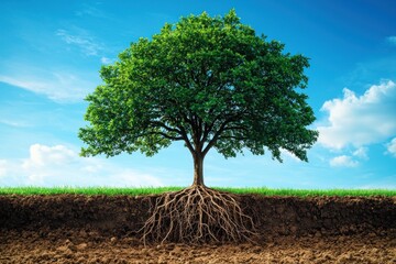 A metaphorical image of a growing money tree with branches reaching toward the sky. The roots of the tree are visible, firmly planted in rich soil, representing financial planning and security. This