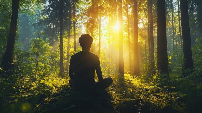 Person meditating in a sunlit forest, symbolizing the tranquility and healing aspects of forest bathing and ecotherapy.