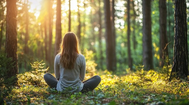 A person meditating in a serene forest, symbolizing digital detox through forest bathing.