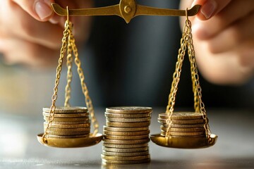 A close-up of hands carefully balancing golden scales, each side weighted with stacks of coins. The image symbolizes financial management, balance, and careful planning. The soft background creates a