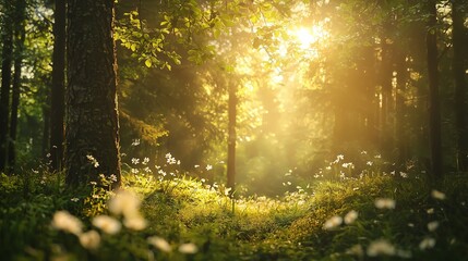 Fototapeta premium Serene forest bathed in sunlight, perfect for meditation and forest therapy. highlights nature's tranquility and ecological balance.