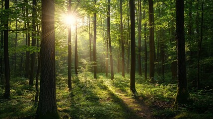 Obraz premium Sunlight filtering through tall trees in a lush forest, symbolizing tranquility, inner peace, and happiness derived from nature.