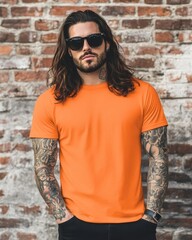A model in sunglasses presents a blank t-shirt in an urban setting