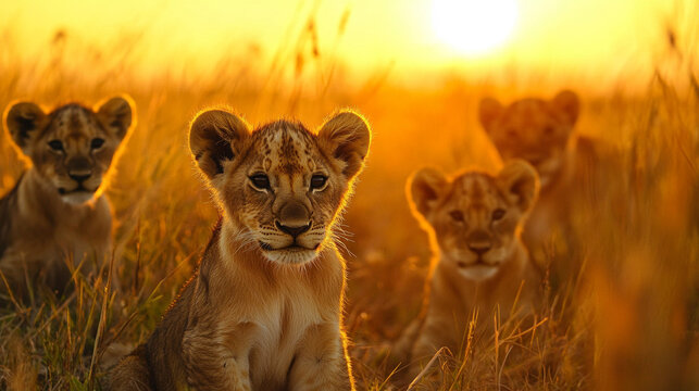  young lions the savanna watching the sunsent, copyspace