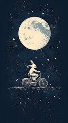 Bike and moon, a rabbit riding a bicycle, coming back from the moon.