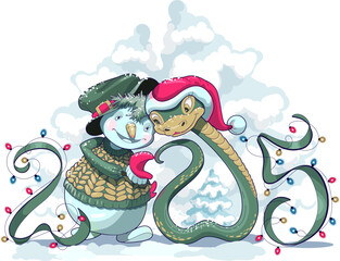 2025 year of snake according to eastern horoscope. Snowman and green snake symbol of new year hugging on christmas card. Vector cartoon illustration