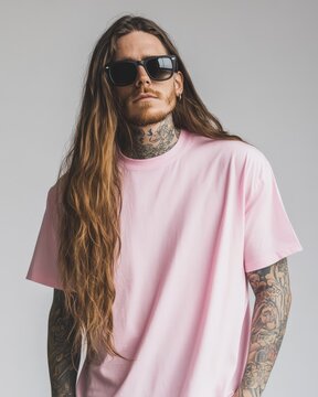 Long-haired model displays a trendy blank t-shirt with confidence and style