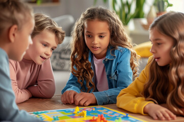 Fototapeta premium A group of children sitting around a board game. Happy kids at home in a living room playing a tabletop game.