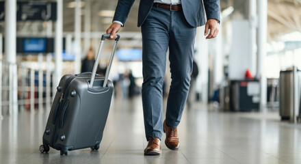 Closeup of businessman walking with a suitcase in the airport terminal.