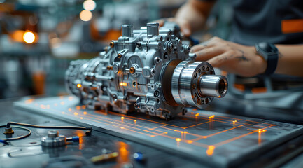 Closeup of a Shiny Car Transmission with Orange Lights Illustration