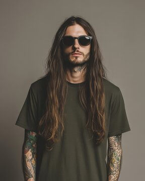 A model with long hair wears a blank t-shirt, exuding a cool, rebellious vibe