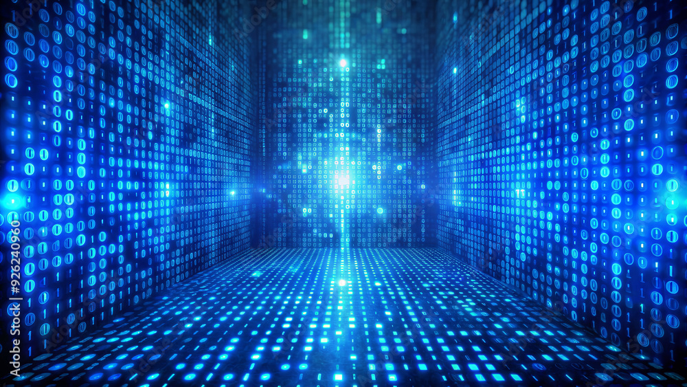 Poster a vibrant digital space filled with glowing blue binary code creating a futuristic atmosphere