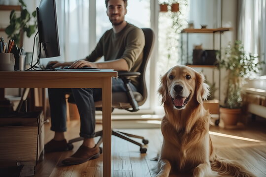 A man sits at her desk, working on the computer, next to the table sits a dog, domestic pets