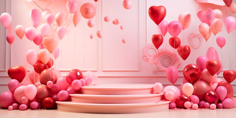 Design concept for Valentine's Day podium stage with pink heart shaped balloons . Generative Ai