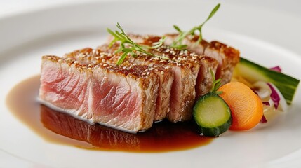 Exquisite Seared Ahi Tuna Gourmet Dish with Ponzu Sauce and Pickled Vegetables on White Plate