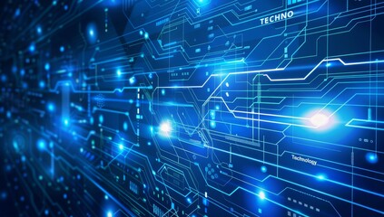 Futuristic Blue Technology Background with Digital Circuit and Holograms.