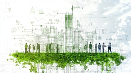 Architects and engineers promoting green building practices in construction blueprints