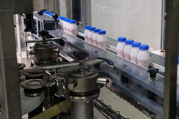 Conveyor belt with plastic bottles for yogurt and dairy products
