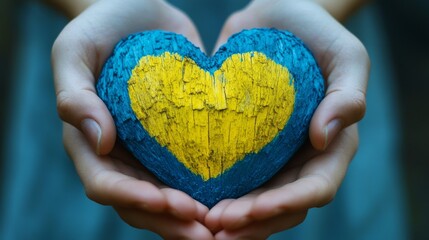 hands hold a heart patriotically filled with the yellow and blue flag of Ukraine