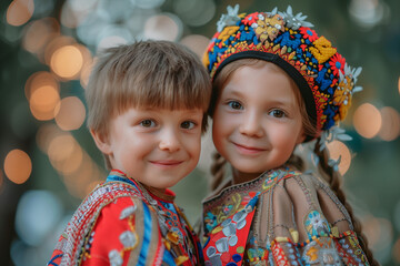 A happy boy and girl wearing traditional clothes. Cute children with a folk headdresses.