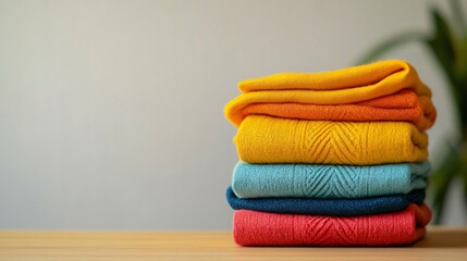 Neatly Stacked Bright Folded Clothes on Table with Light Background