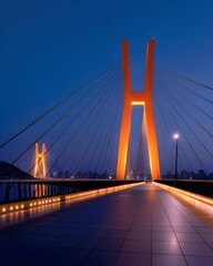 Obraz premium A stunning depiction of the Octávio Frias de Oliveira Bridge illuminated against the night cityscape, with its X-shaped towers and cables glowing in vibrant colors for a dazzling effect.