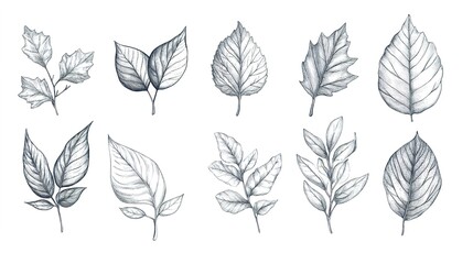 Set of Various Hand-Drawn Leaves on a White Background