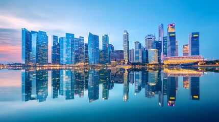 Stunning Reflections of a Modern Cityscape at Dusk: Vibrant Colors and Sleek Skyscrapers