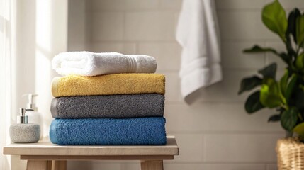 Luxurious Stacked Terry Towels on Bathroom Table with Space for Text