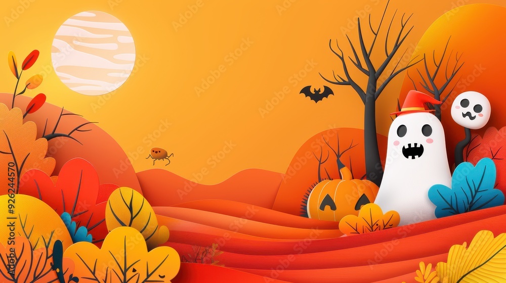 Wall mural High-resolution vector of an abstract cute Pocong Halloween keynote template background with bright colors and playful characters, whimsical and artistic design 