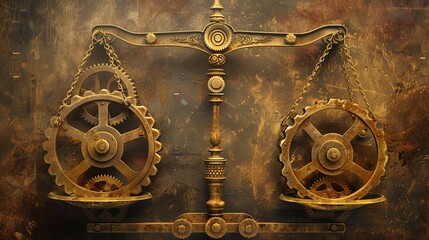 Obraz premium Intricate bronze scale with gears, symbolizing balance, justice, and precision in a steampunk aesthetic.
