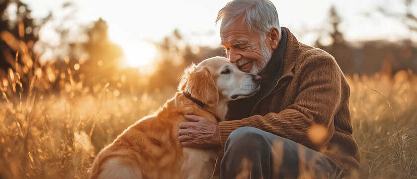 Elderly senior man playing with his dog outside, sun setting down in background. Generative AI - Powered by Adobe